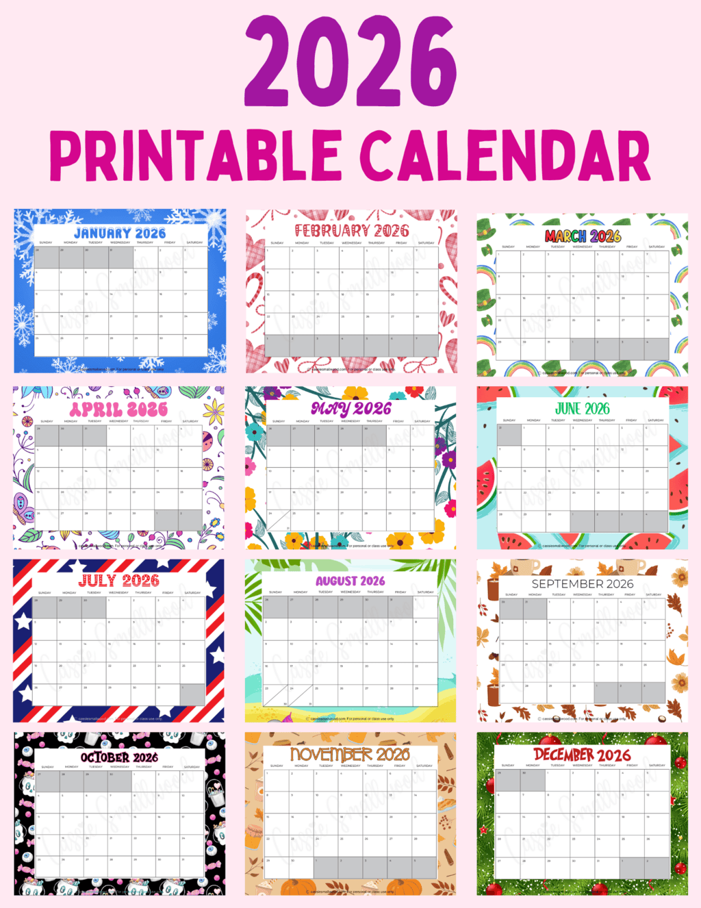 Cute Free Printable 2026 Monthly Calendar Blank With Holidays Cassie Smallwood
