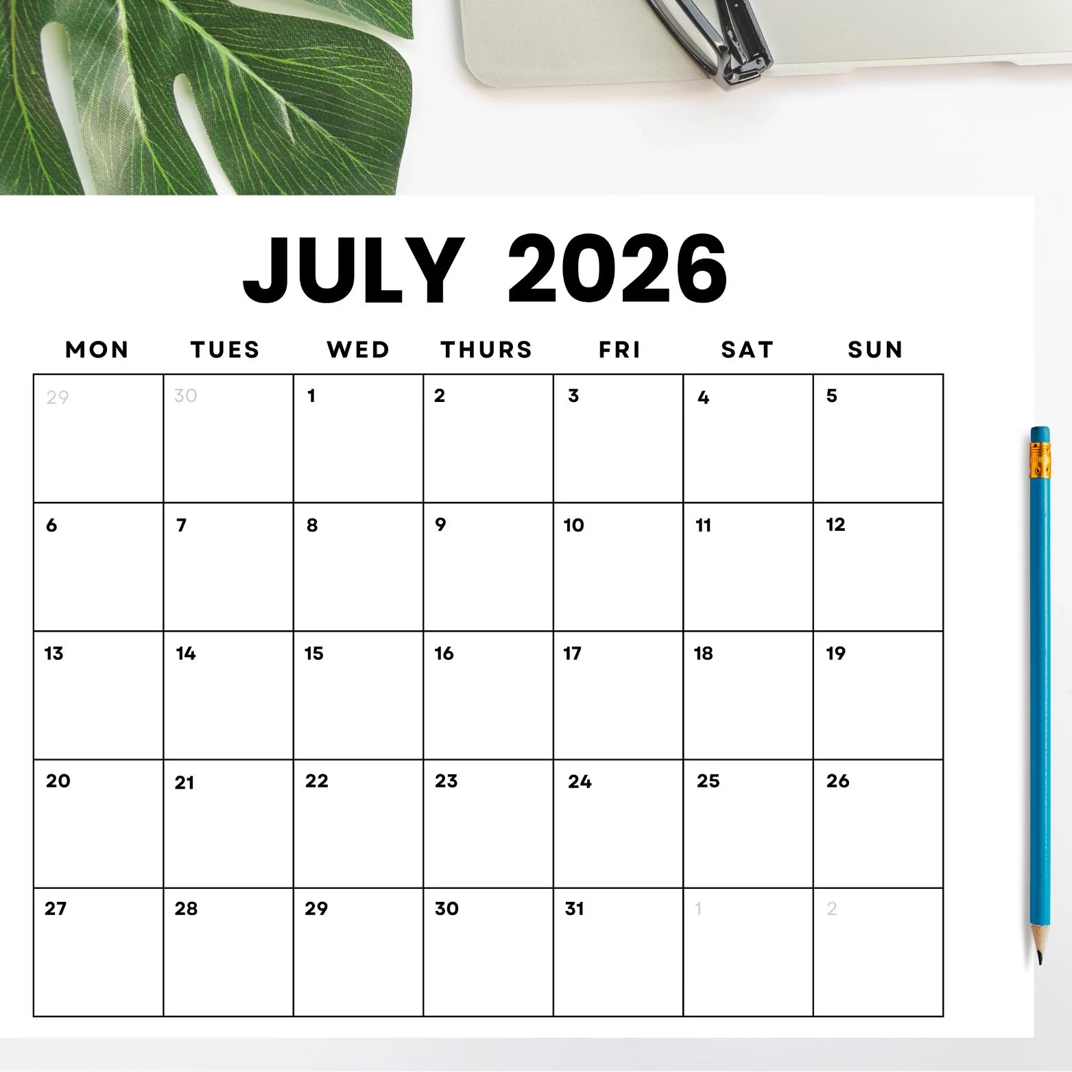 Dated July 2026 Minimalist Monthly Calendar Printable PDF Instant Digital Download Dated Monthly Planner 2026 Sunday Monday Start Etsy
