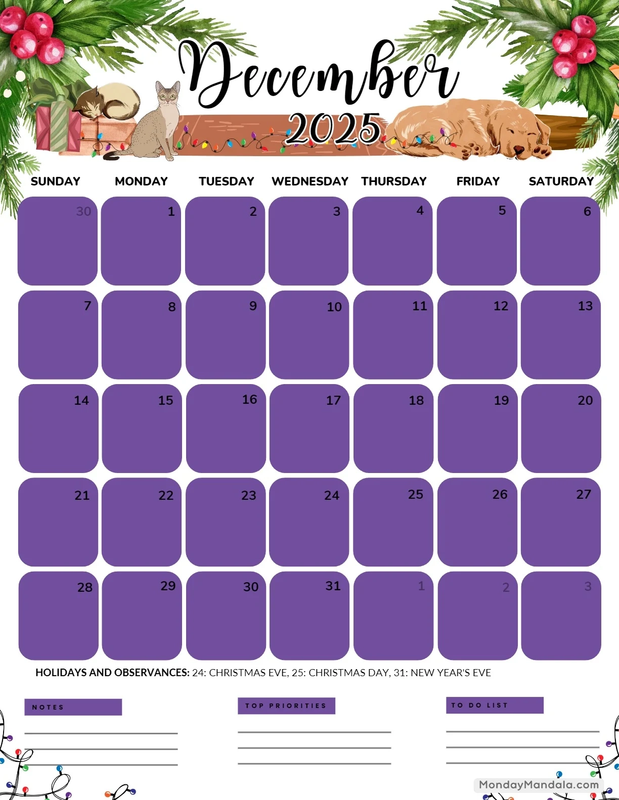 December Printable Calendar 2025