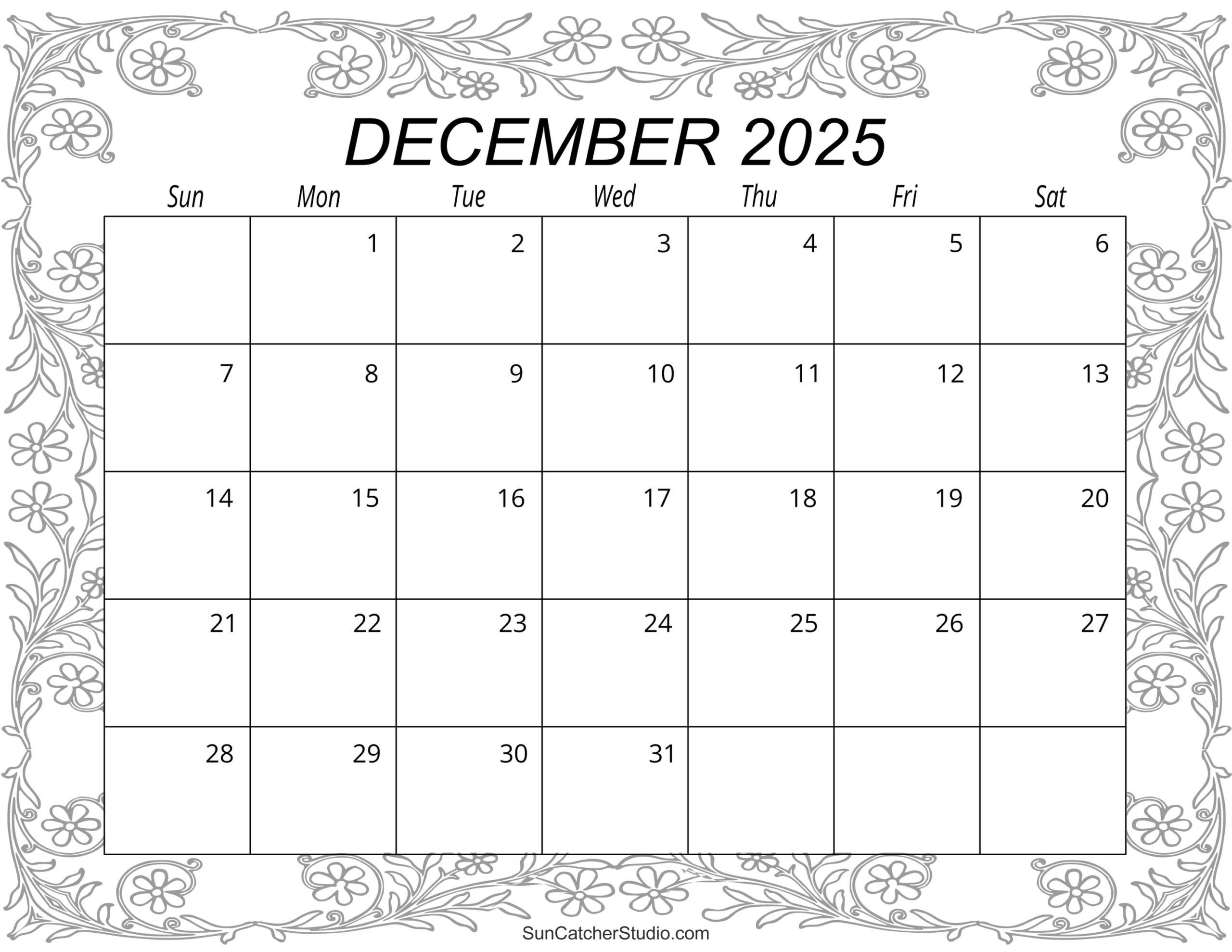 Blank December 2025 Calendar Printable Pdf