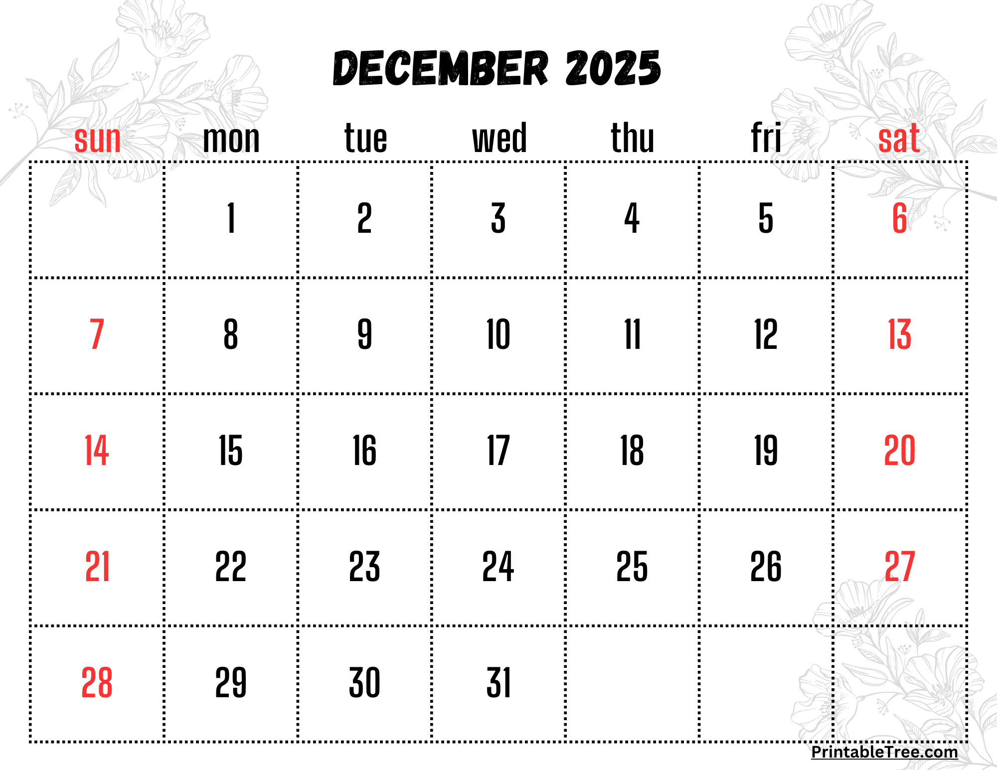 december 2025 calendar printable pdf template with holidays