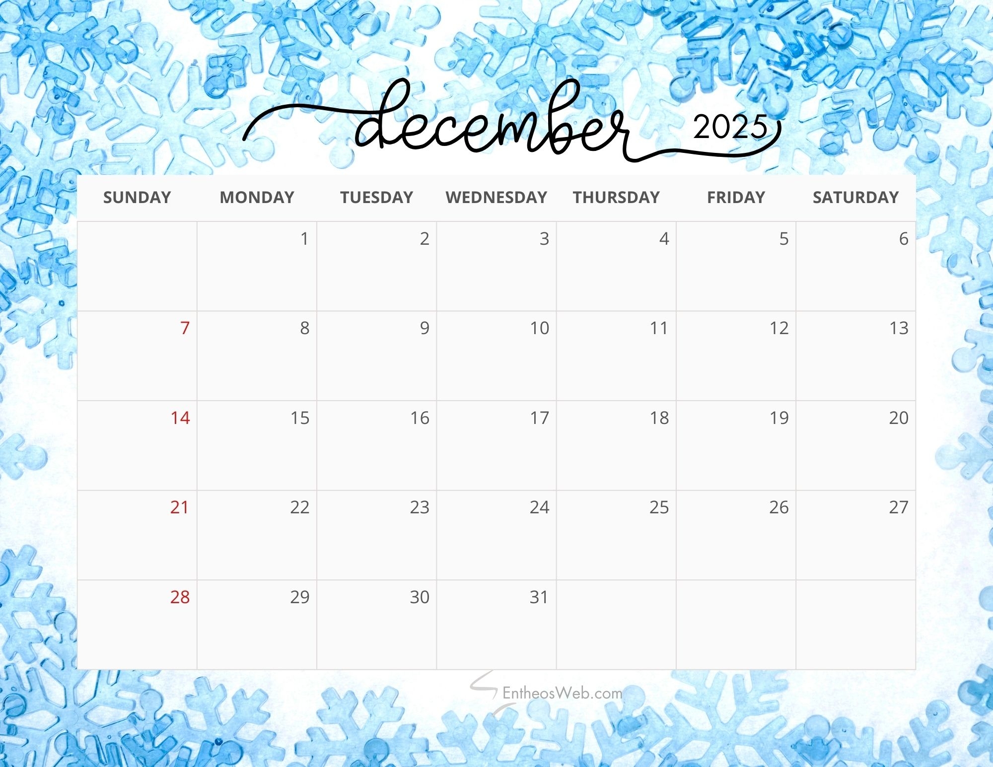 Blank December 2025 Calendar Printable