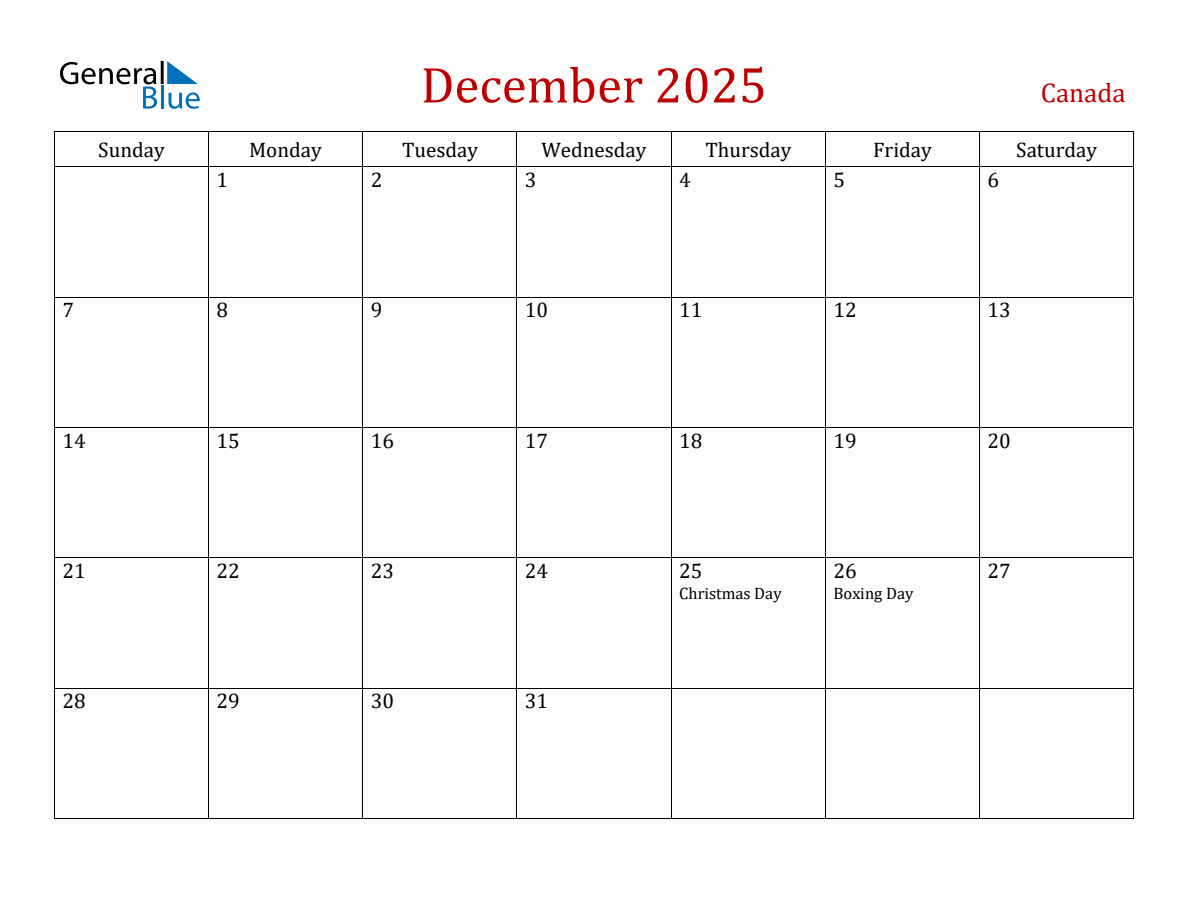 December 2025 Canada Monthly Calendar With Holidays