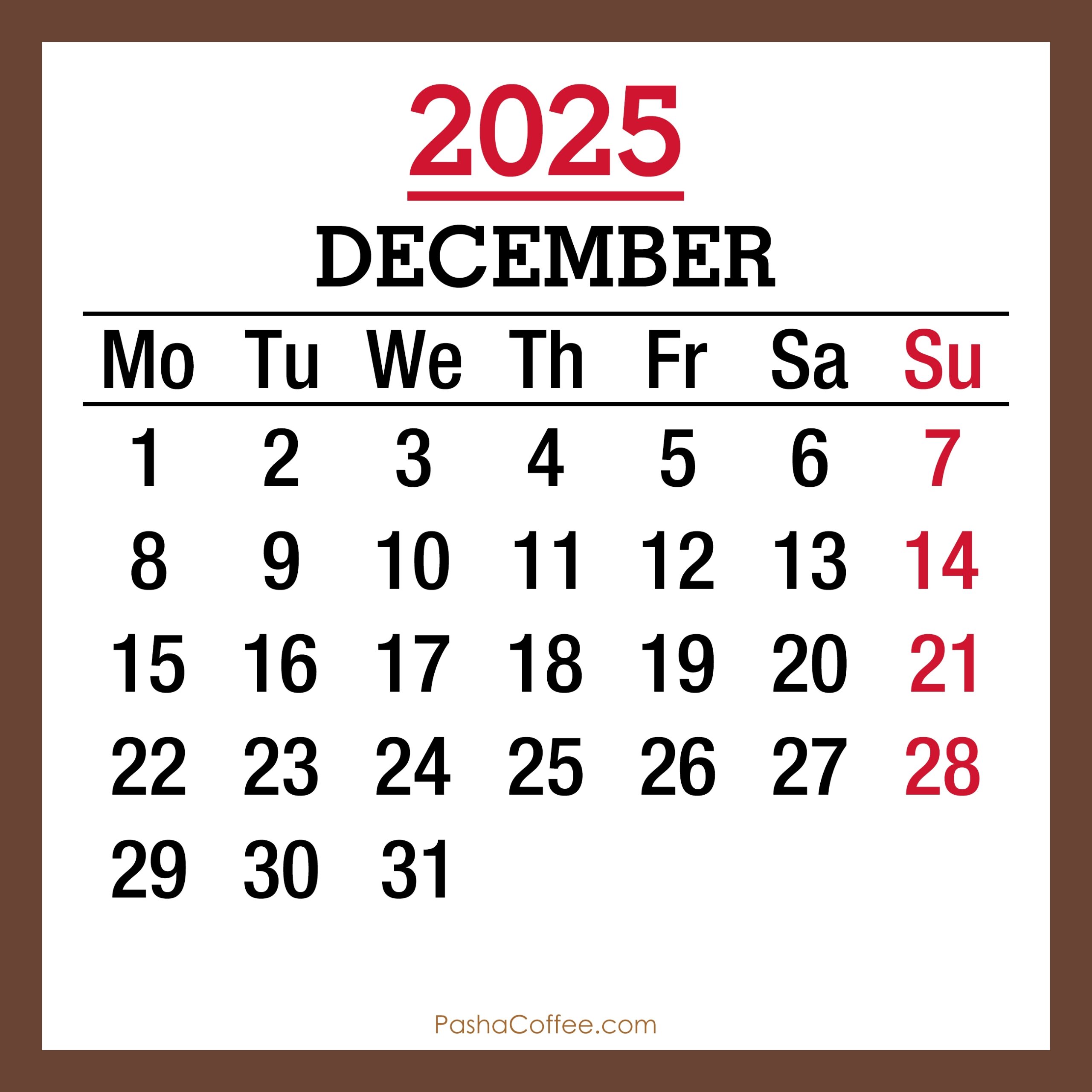 December 2025 Calendar Monday Start