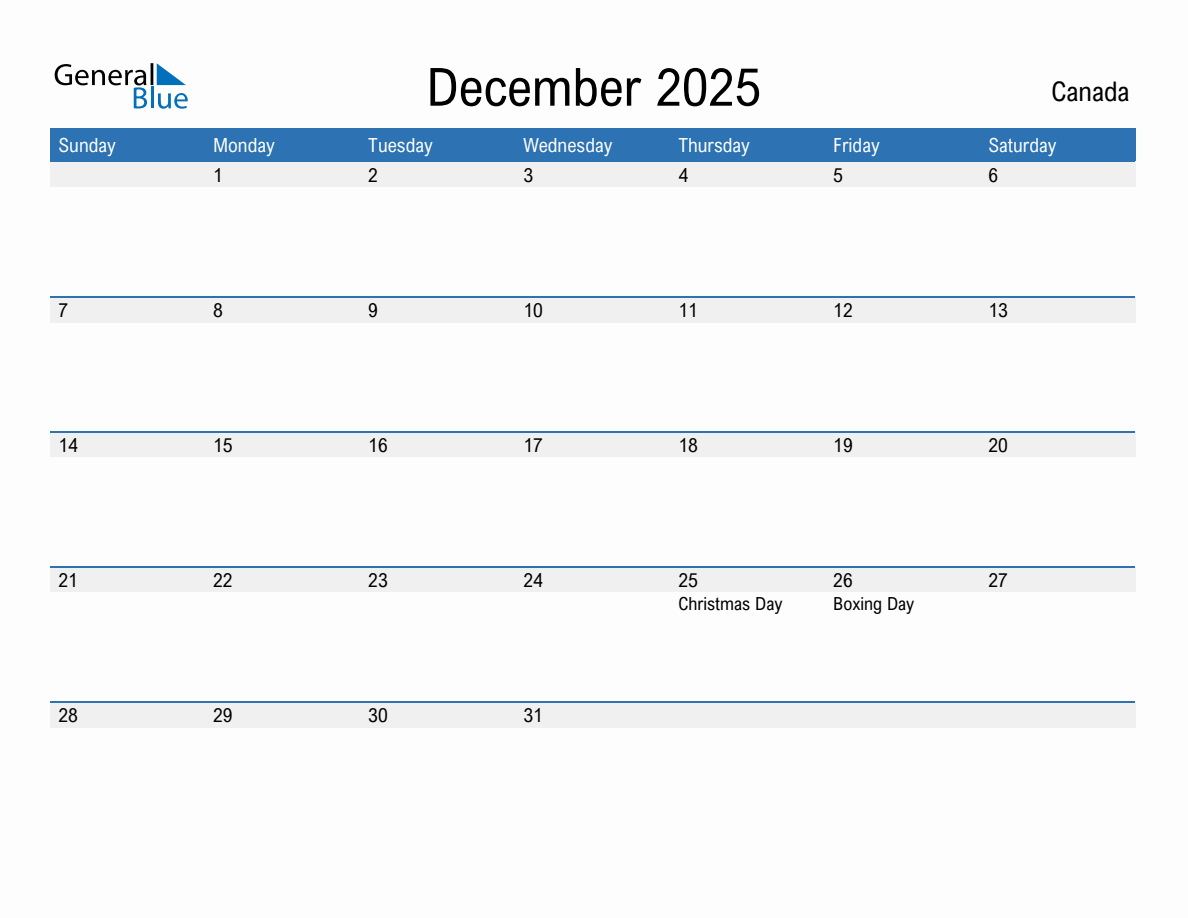 December 2025 Calendar Canada