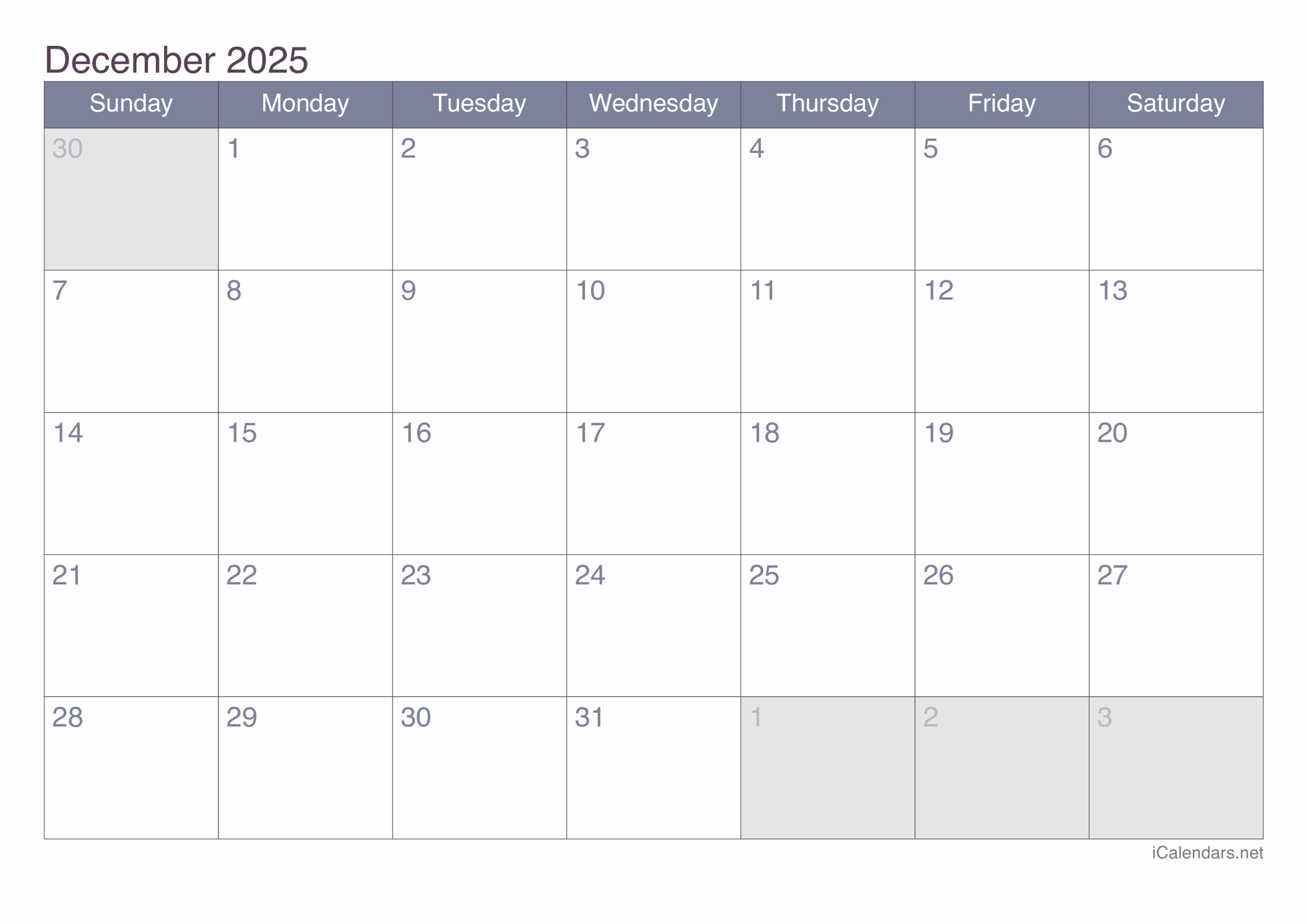 Blank Calendar For December 2025