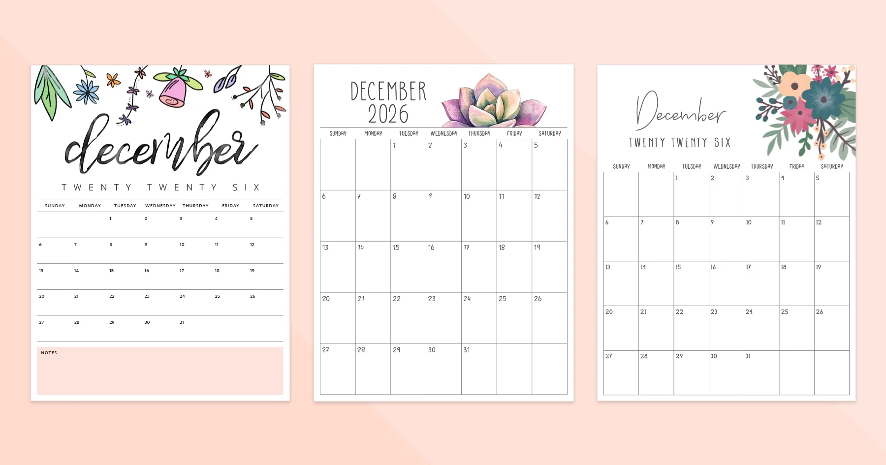 December 2026 Calendar Printable PDF Templates December 2026 Calendar Printable PDF Templates