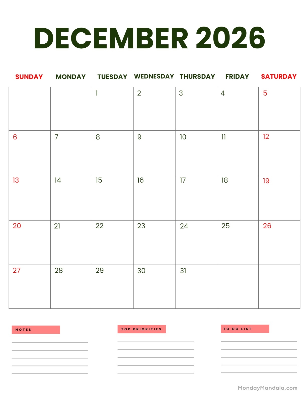 December Blank Calendar 2026 Printable Free December Blank Calendar 2026 Printable Free