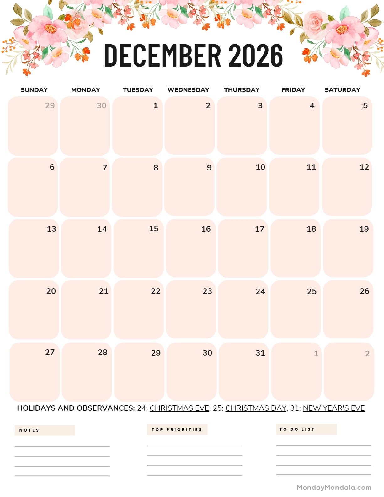 December 2026 Calendars 52 Free PDF Printables December 2026 Calendars 52 Free PDF Printables