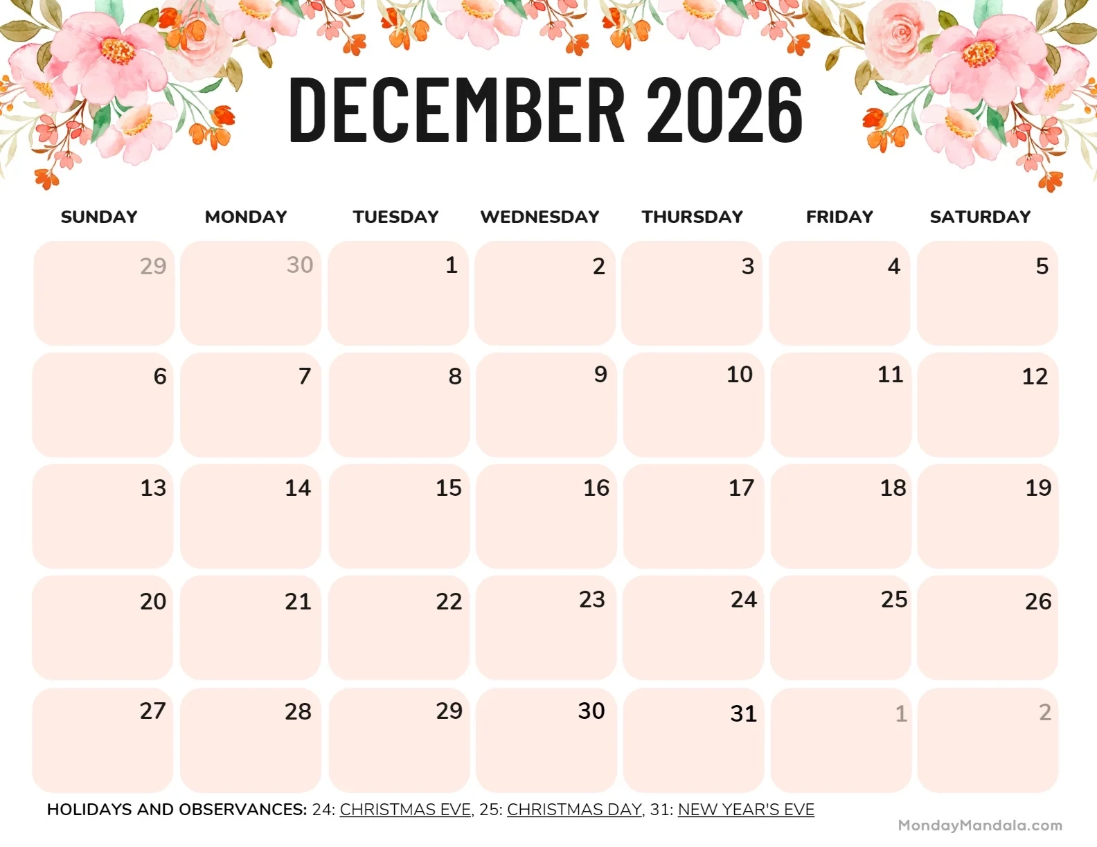 December 2026 Calendars 52 Free PDF Printables 