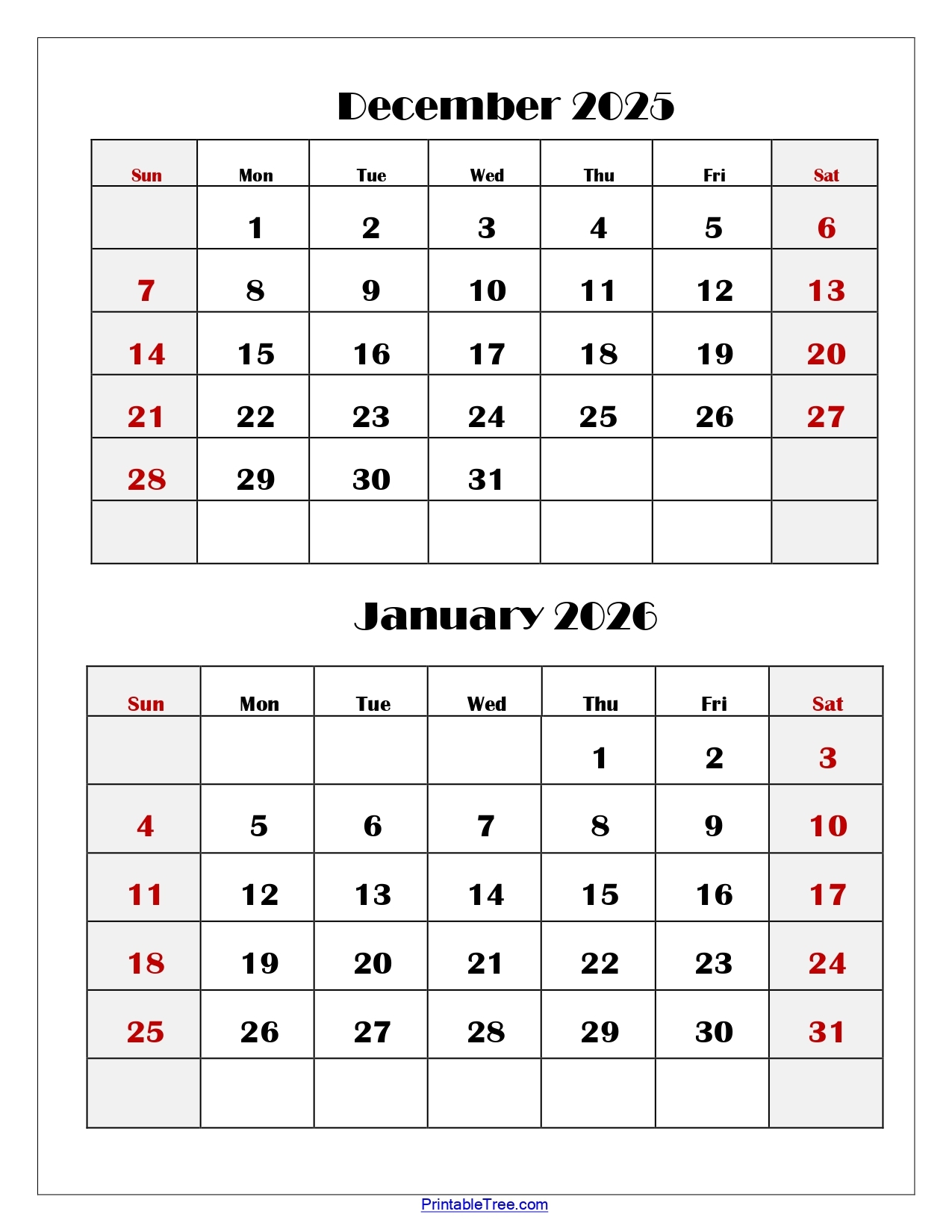December And January 2026 Calendar Printable PDF Two Months Calendar December And January 2026 Calendar Printable PDF Two Months Calendar