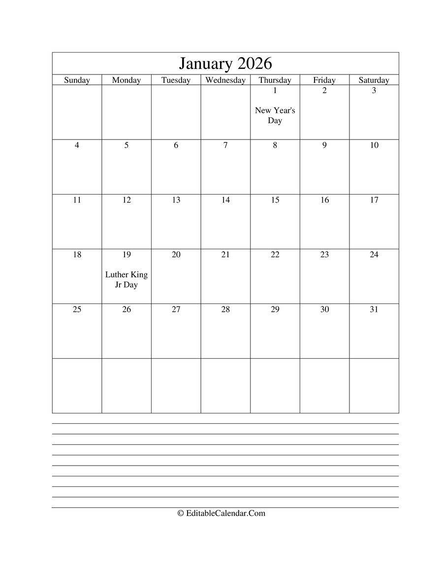 Download 2026 Calendar January With Holidays And Notes Portrait Word Version Download 2026 Calendar January With Holidays And Notes Portrait Word Version