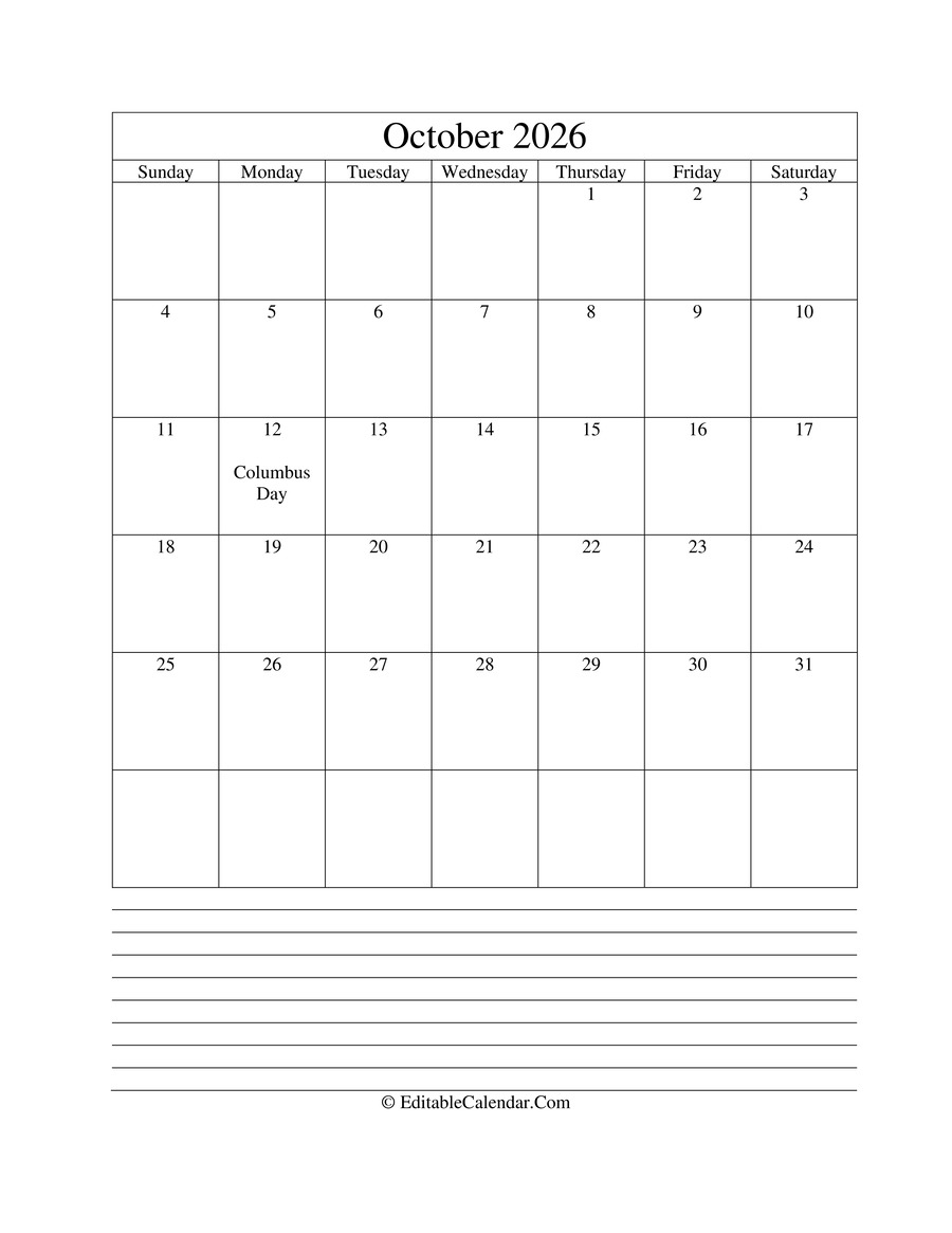 Download 2026 Calendar October With Holidays And Notes Portrait Word Version 