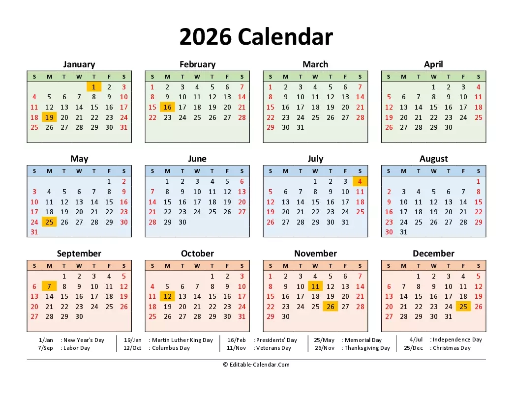 Download 2026 Calendar Printable With Us Holidays Weeks Start On Sunday