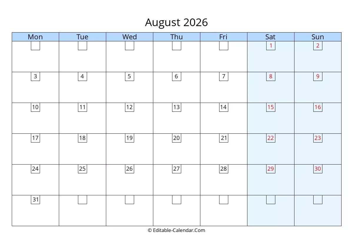 Download Editable 2026 Calendar August Monday Start