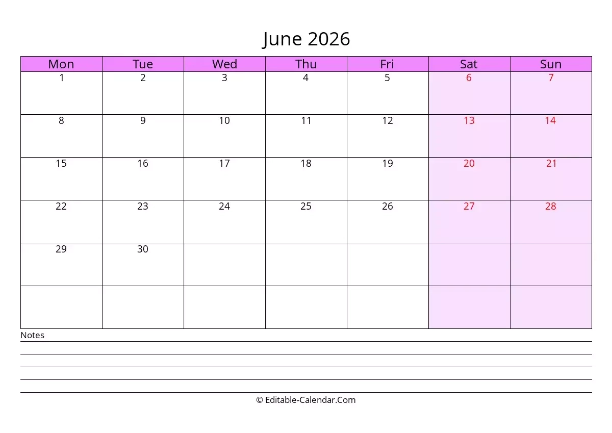 Download Editable Calendar June 2026 Monday Start Download Editable Calendar June 2026 Monday Start