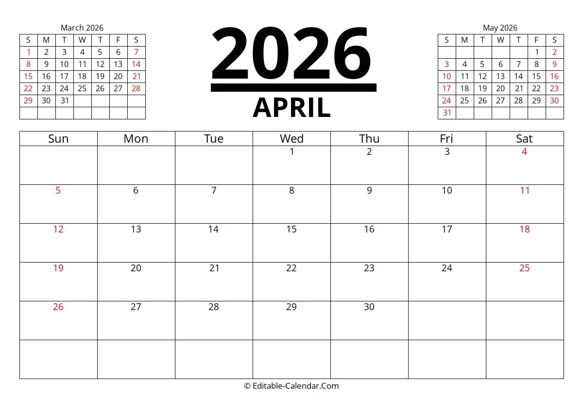 Download Free Editable Calendar April 2026 With Notes Weeks Start On Sunday