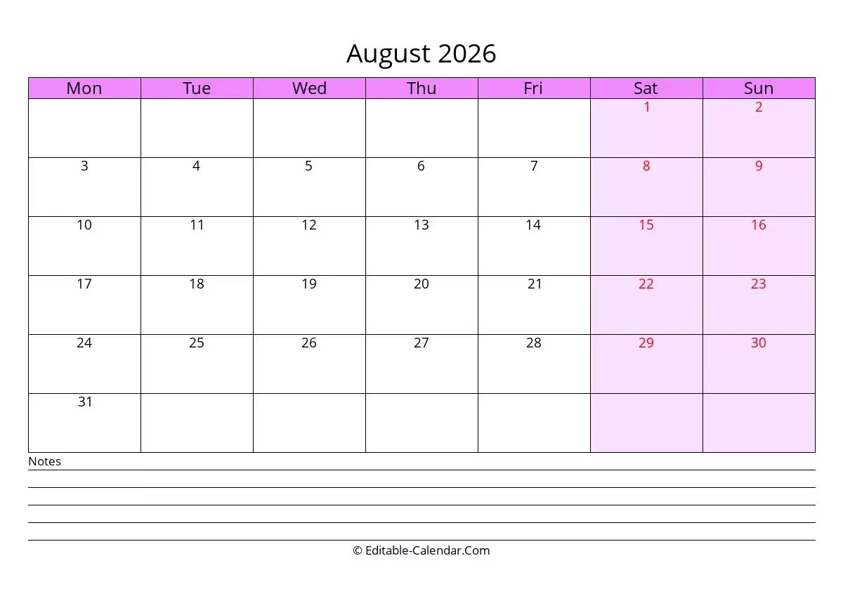 August Blank Calendar 2026 Monday Start August Blank Calendar 2026 Monday Start