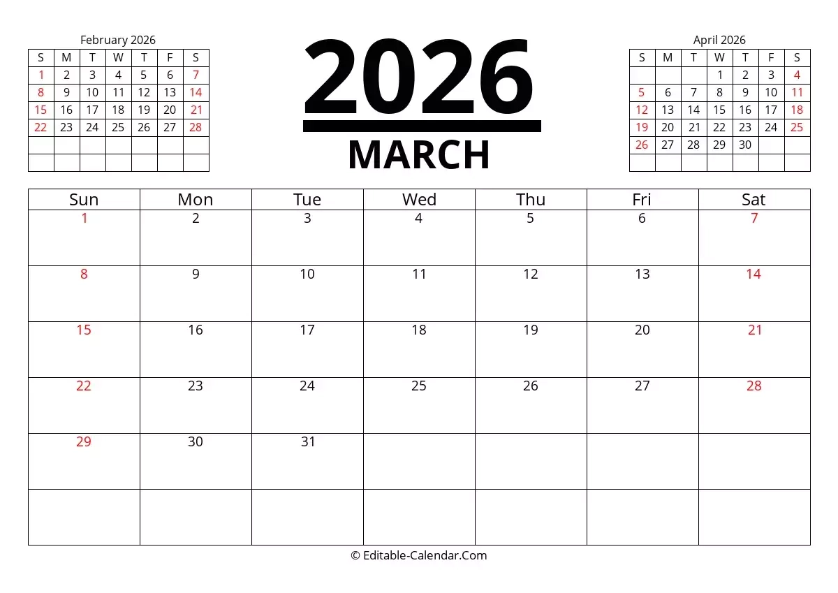 Download March 2026 Printable Calendar With Previous And Next Month Weeks Start On Sunday