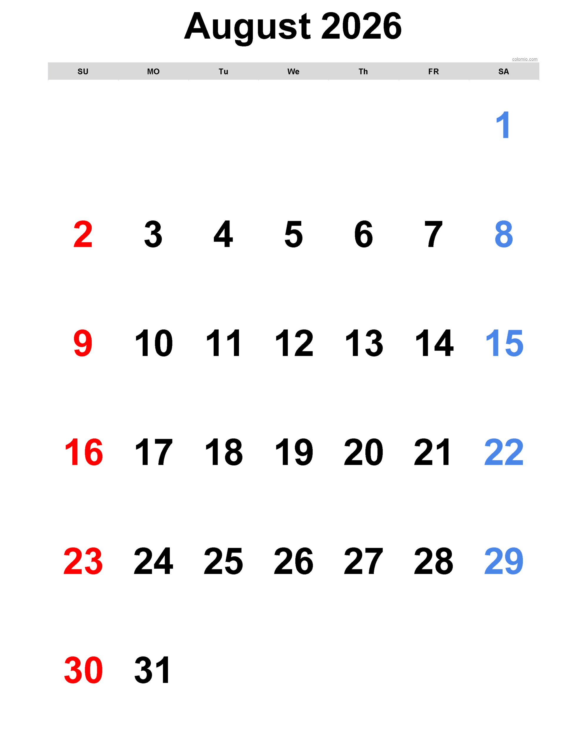 Download Your Free August 2026 Calendar Available In PDF PNG And XLS Formats 