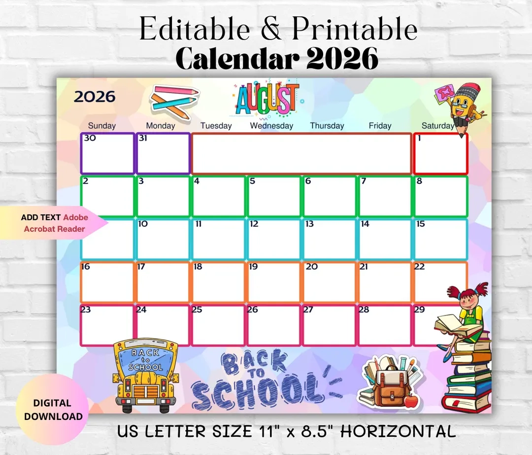EDITABLE August 2026 Printable Calendar back To School Calendar monthly Planner Family Work School Office Home Organizer monthly Calendar Etsy