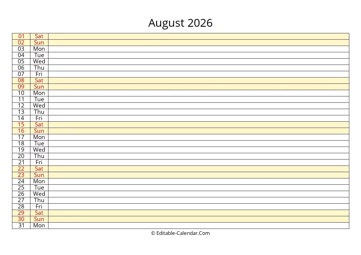 Editable Calendar August 2026 In Excel Word PDF