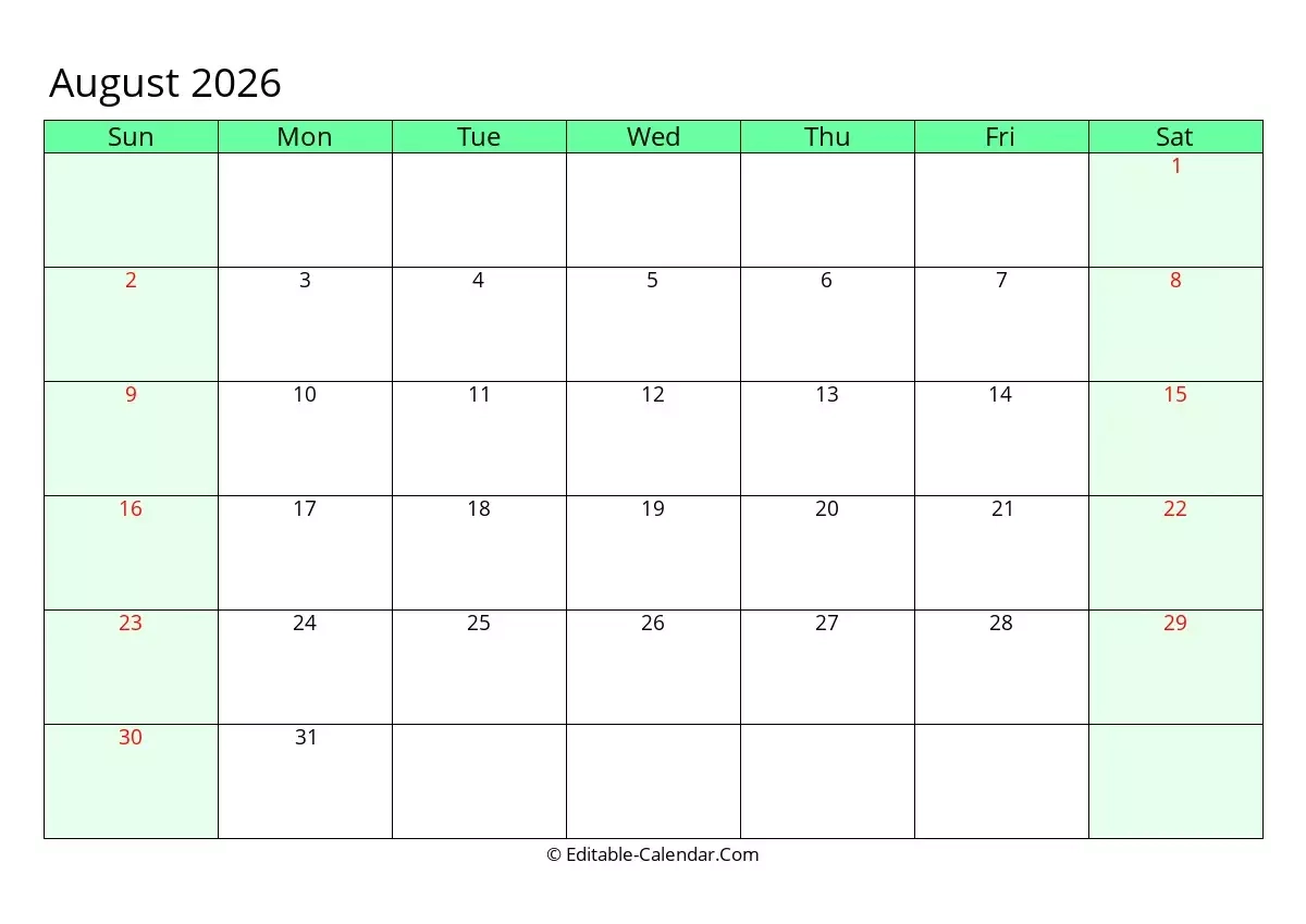 Editable Calendar August 2026 In Excel Word PDF