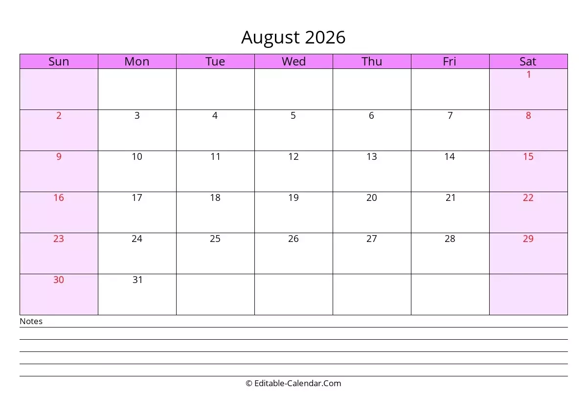 Editable Calendar August 2026 In Excel Word PDF