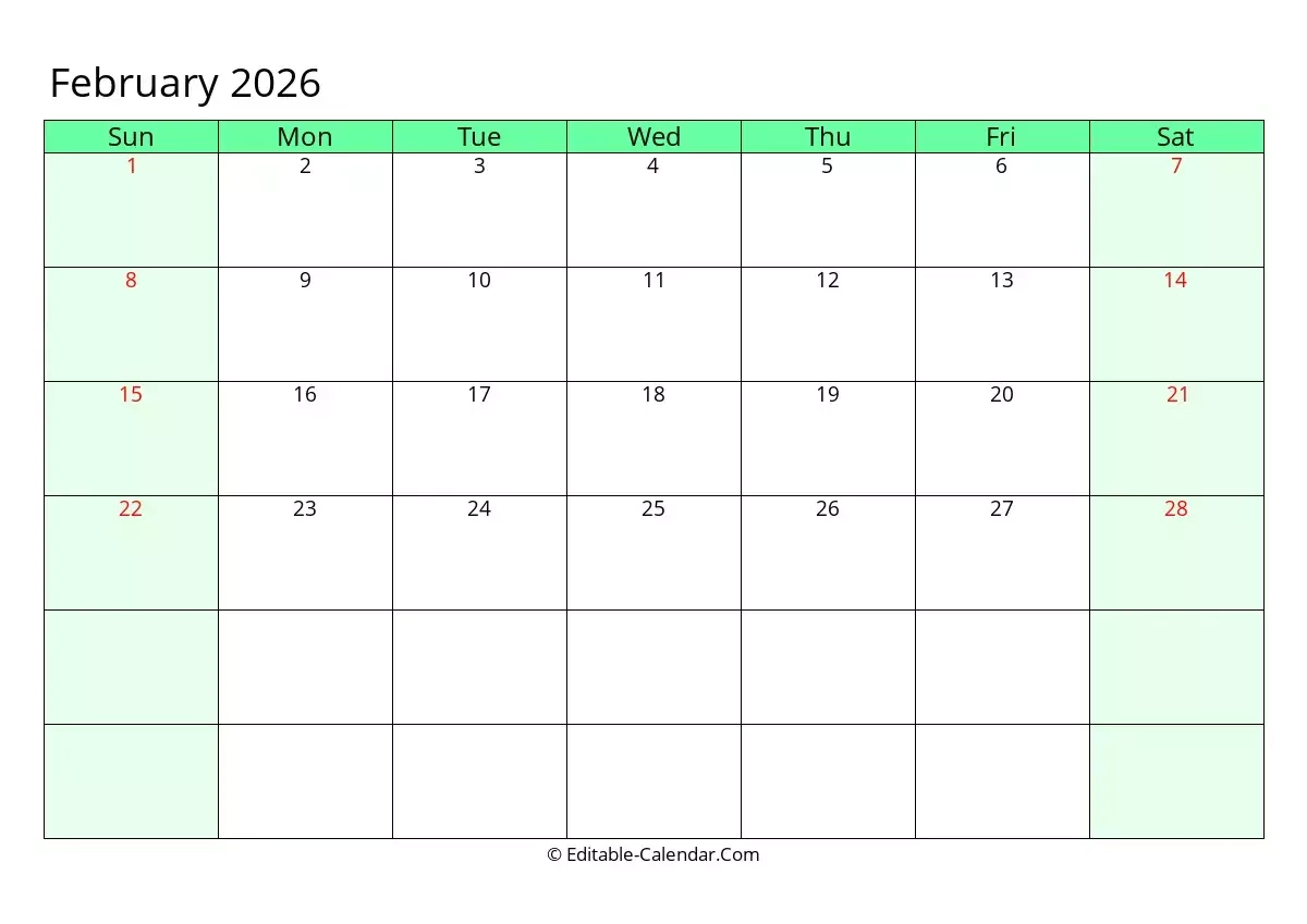 Editable Calendar February 2026 In Excel Word PDF