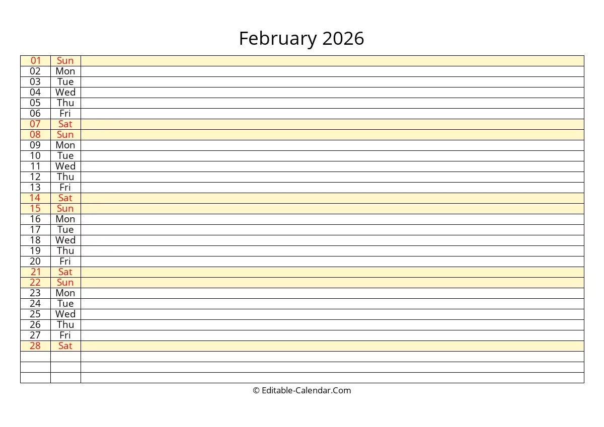Editable Calendar February 2026 In Excel Word PDF