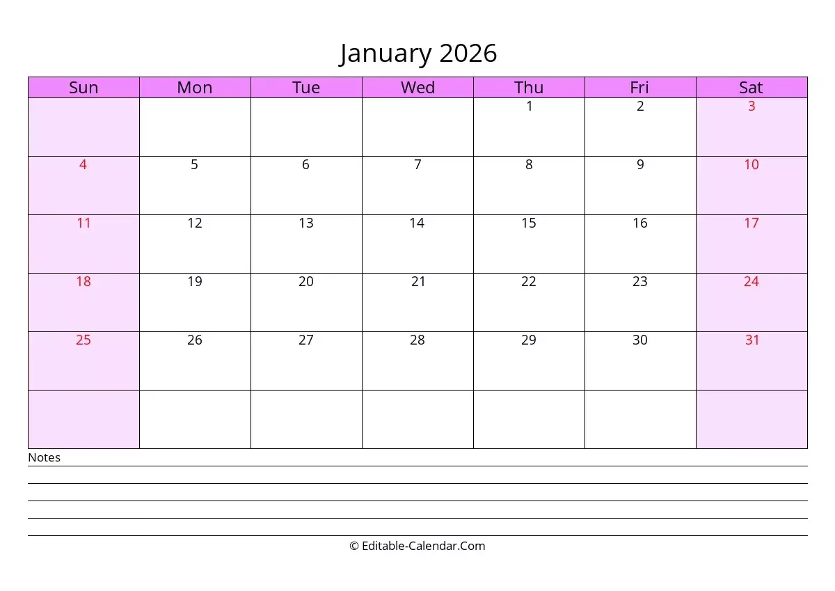 Editable Calendar January 2026 In Excel Word PDF