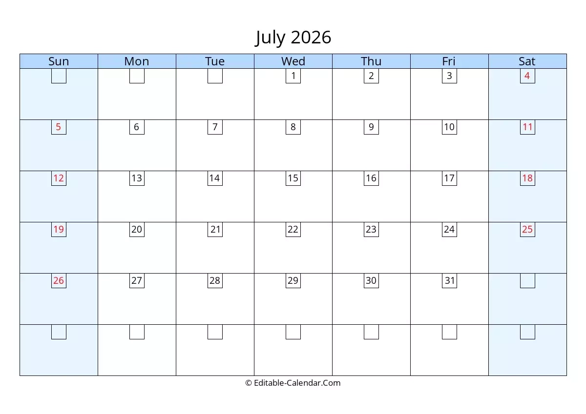 Editable Calendar July 2026 In Excel Word PDF Editable Calendar July 2026 In Excel Word PDF