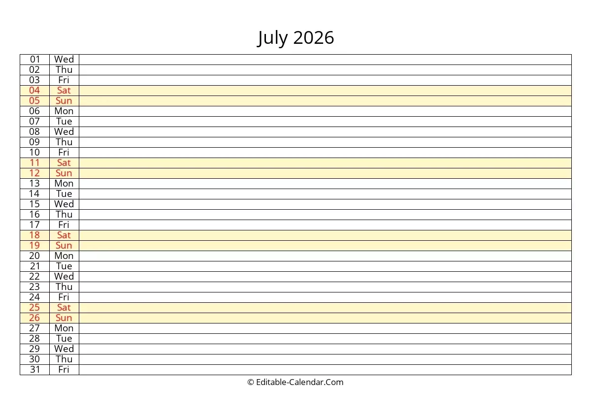 Editable Calendar July 2026 In Excel Word PDF Editable Calendar July 2026 In Excel Word PDF