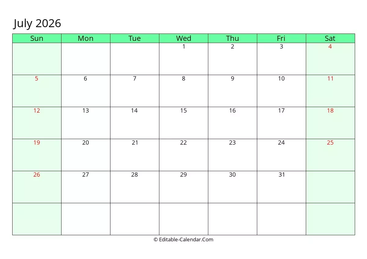 Editable Calendar July 2026 In Excel Word PDF Editable Calendar July 2026 In Excel Word PDF