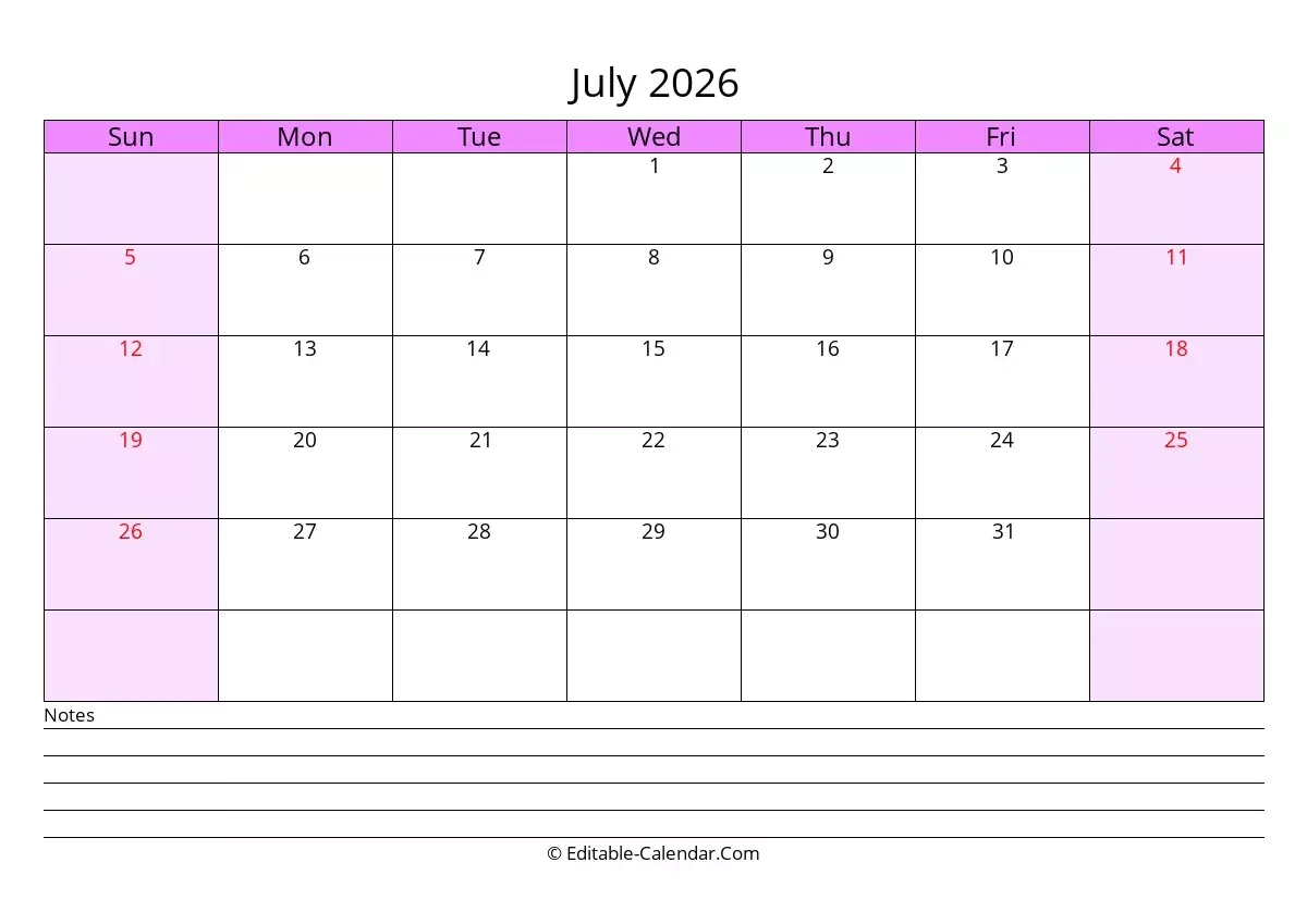 Blank July Calendar 2026 Free Download