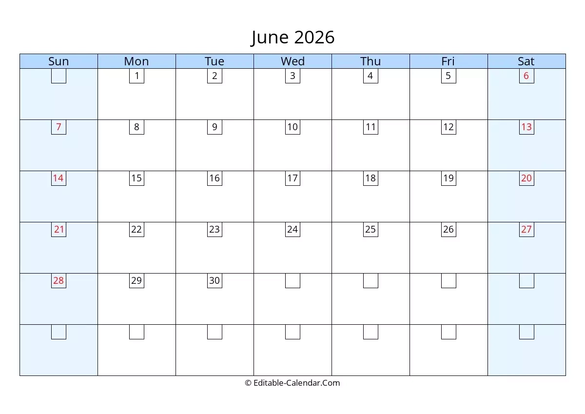 Editable Calendar June 2026 In Excel Word PDF