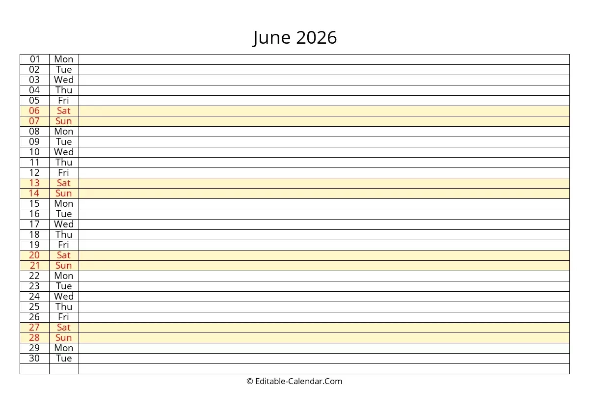 Editable Calendar June 2026 In Excel Word PDF