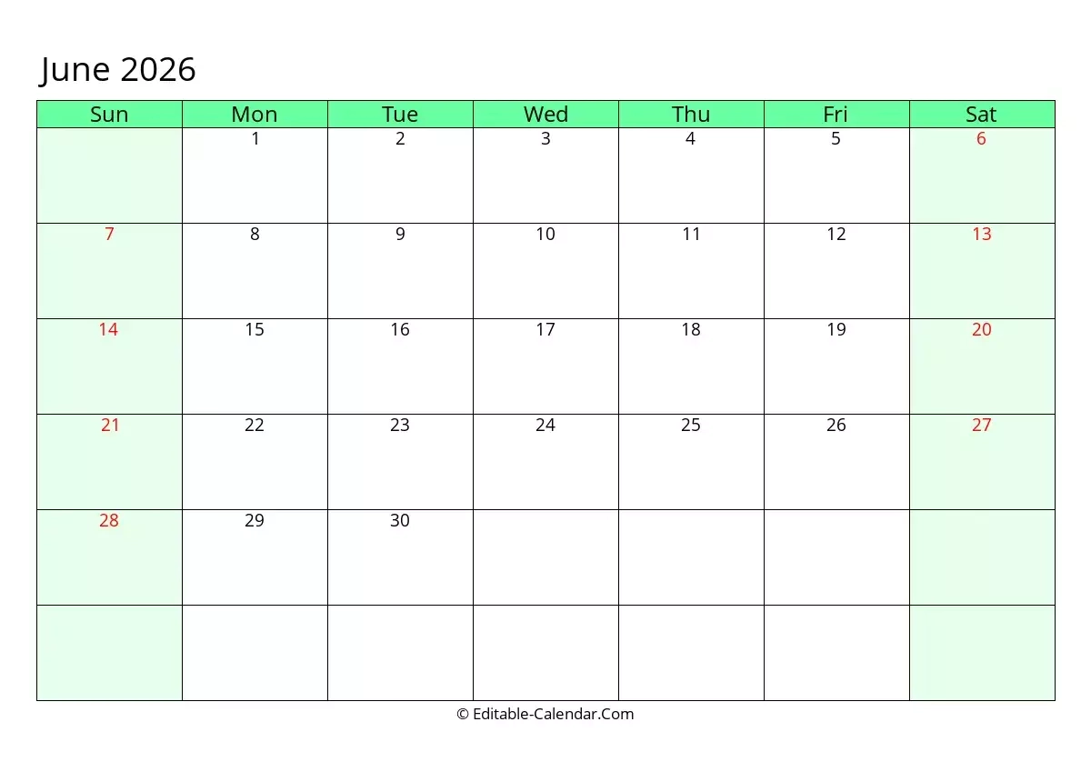 Blank June Calendar Printable 2026 Editable Blank June Calendar Printable 2026 Editable