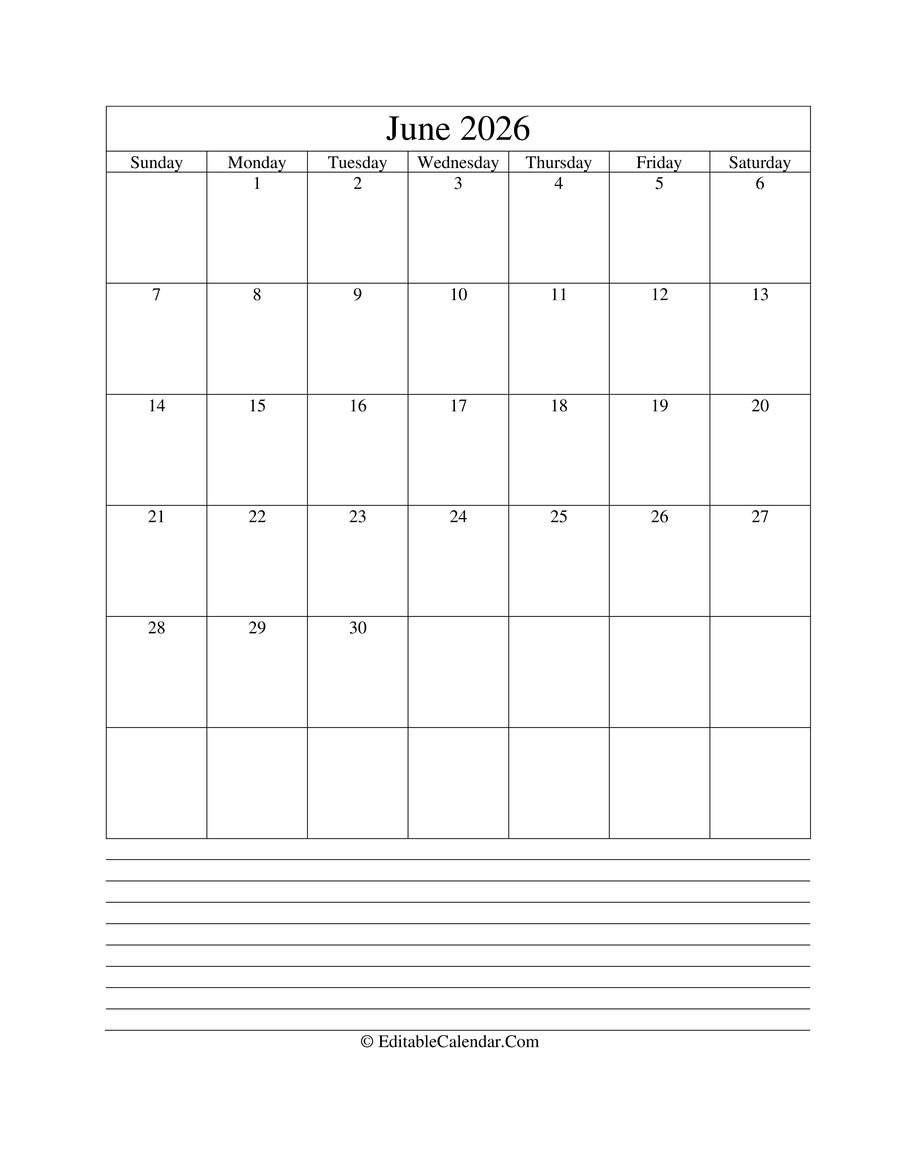 Editable Calendar June 2026
