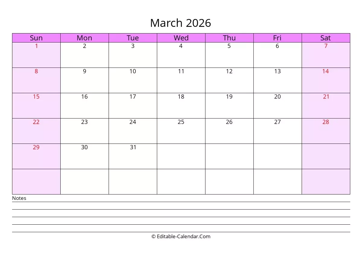 Editable Calendar March 2026 In Excel Word PDF Editable Calendar March 2026 In Excel Word PDF