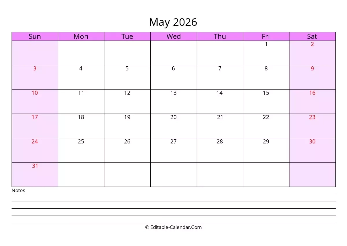 Editable Calendar May 2026 In Excel Word PDF Editable Calendar May 2026 In Excel Word PDF