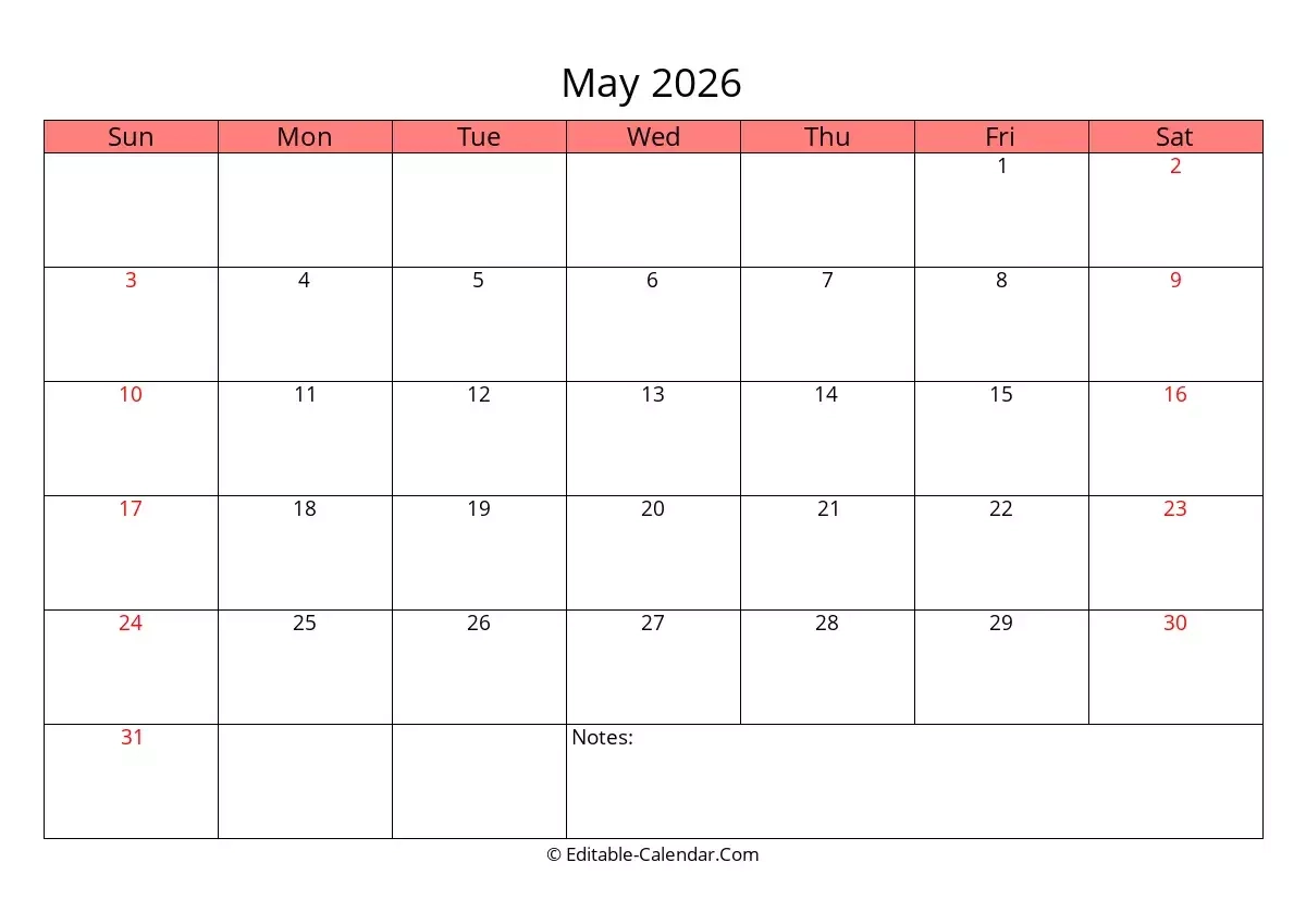 Editable Calendar May 2026 In Excel Word PDF Editable Calendar May 2026 In Excel Word PDF