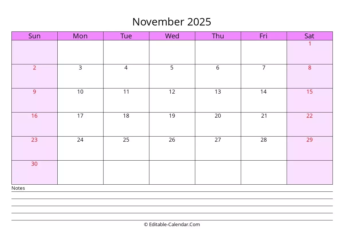 Editable Calendar November 2025 In Excel Word PDF Editable Calendar November 2025 In Excel Word PDF