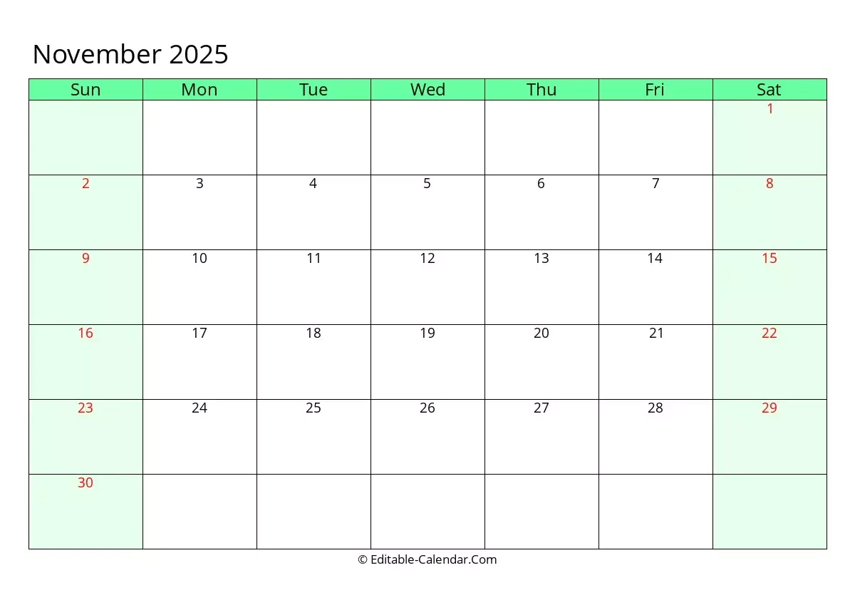 Editable Calendar November 2025 In Excel Word PDF Editable Calendar November 2025 In Excel Word PDF