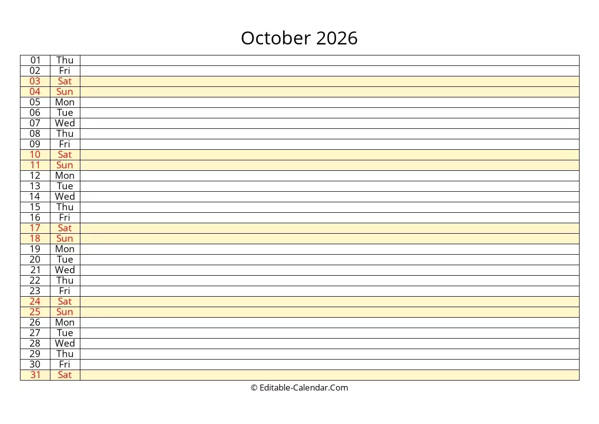 Editable Calendar October 2026 In Excel Word PDF Editable Calendar October 2026 In Excel Word PDF