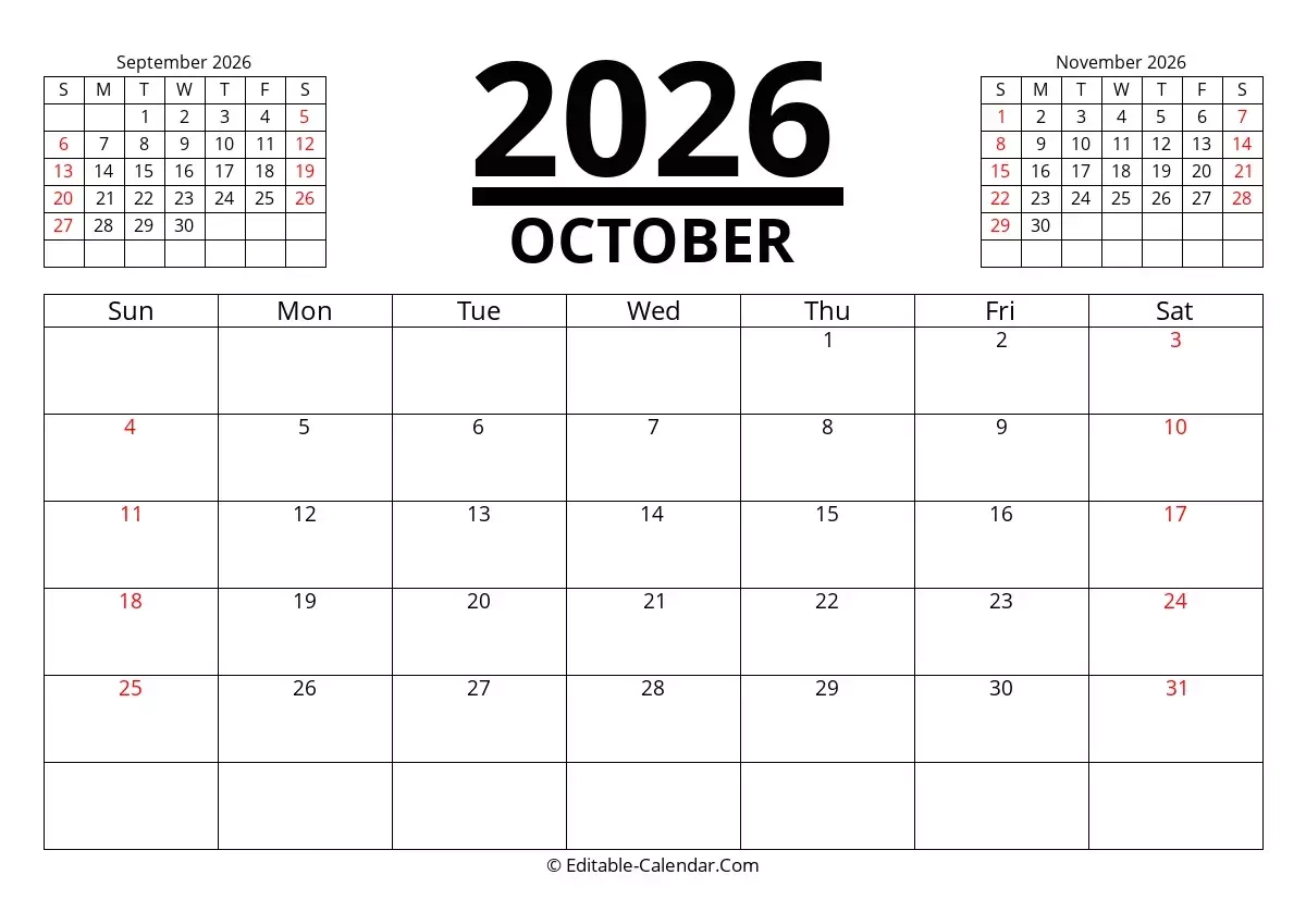 Editable Calendar October 2026 In Excel Word PDF