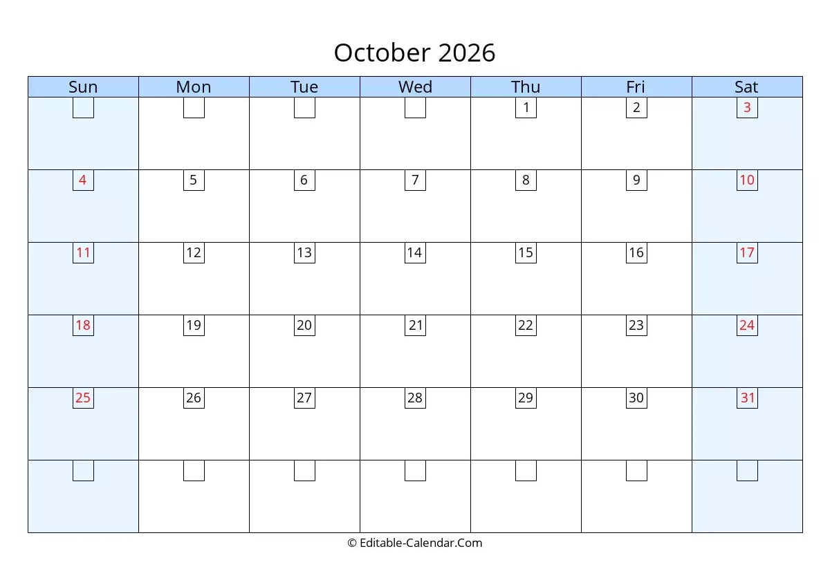 Editable Calendar October 2026 In Excel Word PDF