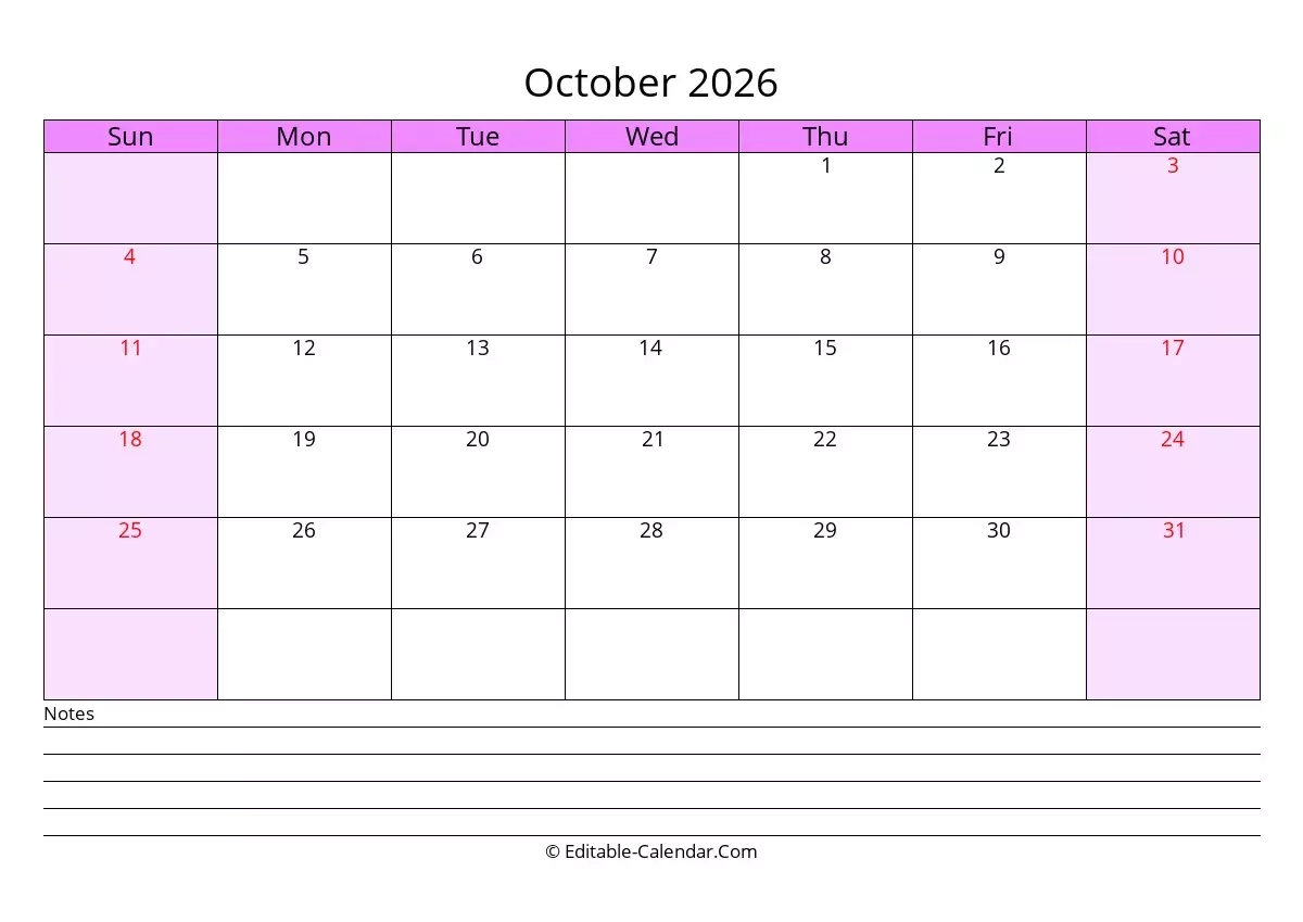 Editable Calendar October 2026 In Excel Word PDF