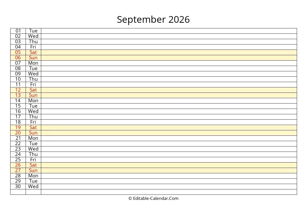 Editable Calendar September 2026 In Excel Word PDF Editable Calendar September 2026 In Excel Word PDF