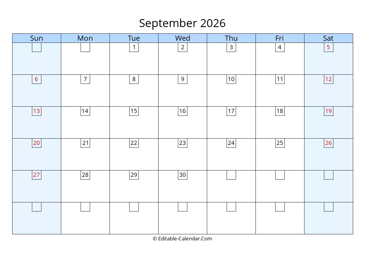 September 2026 Calendar Template